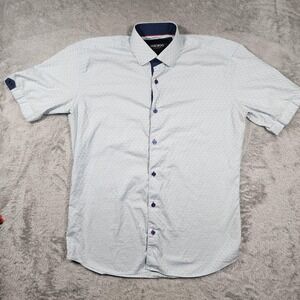 Maceoo Shirt Mens Medium Blue Check Italian Jacquard Short Sleeve Button Up